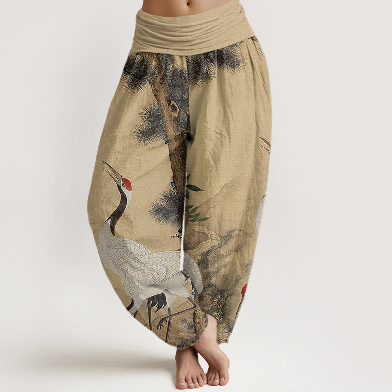 Buddha Stones Casual Red-crowned Crane Pine Tree Mountain Women's Elastic Waist Harem Pants - Wheat - US22,UK/AU26,EU54 (6XL) - image 0