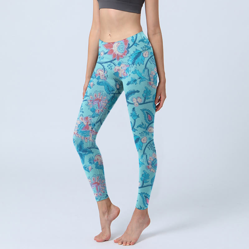 Buddha Stones Blue Red Flowers Leaves Print Gym Leggings Women's Yoga Pants - SkyBlue - US18,UK/AU22,EU50 (4XL) - image 0