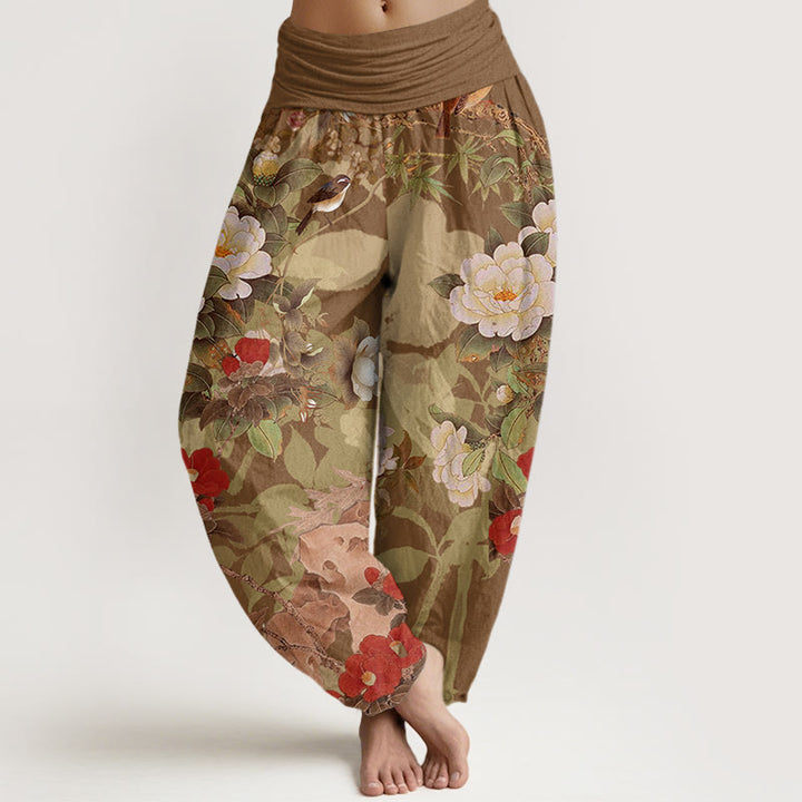 Buddha Stones Casual Peony Flowers Leaves Magpie Women's Elastic Waist Harem Pants - DarkGoldenrod - US22,UK/AU26,EU54 (6XL) - image 4