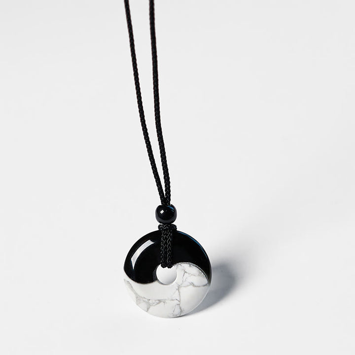 Buddha Stones Natural Black Obsidian White Turquoise Yin Yang Peace Buckle Design Braided String Strength Necklace Pendant - image 12