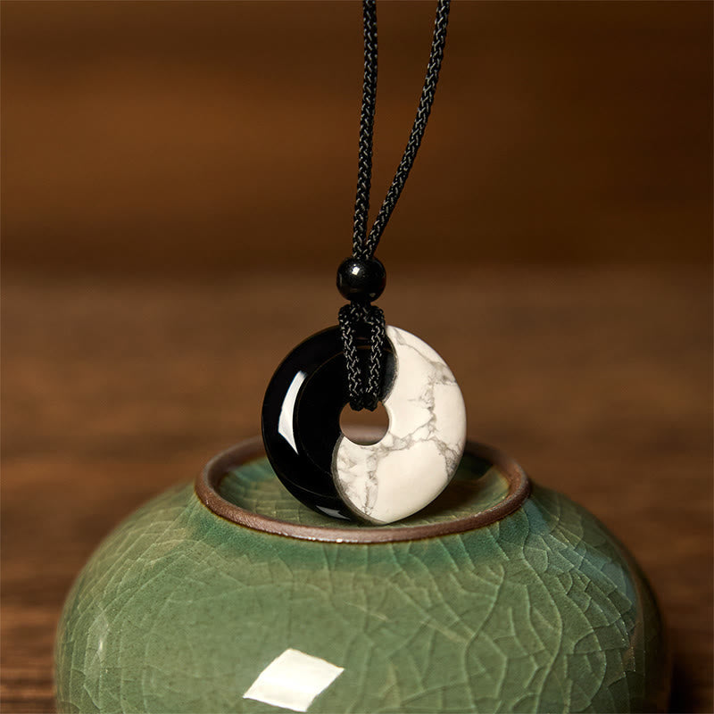 Buddha Stones Natural Black Obsidian White Turquoise Yin Yang Peace Buckle Design Braided String Strength Necklace Pendant - image 1