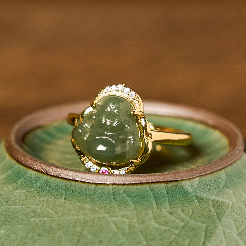 Buddha Stones Natural Hetian Jade Egg Gourd Copper Laughing Buddha Open Luck Ring - image 1