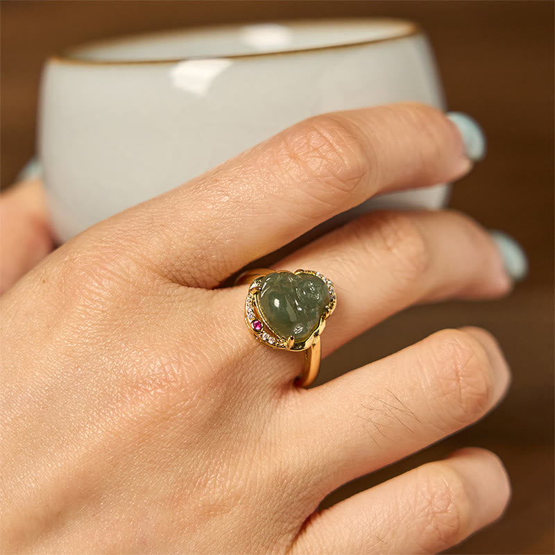 Buddha Stones Natural Hetian Jade Egg Gourd Copper Laughing Buddha Open Luck Ring - image 3