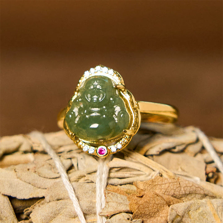 Buddha Stones Natural Hetian Jade Egg Gourd Copper Laughing Buddha Open Luck Ring - Hetian Jade - image 0