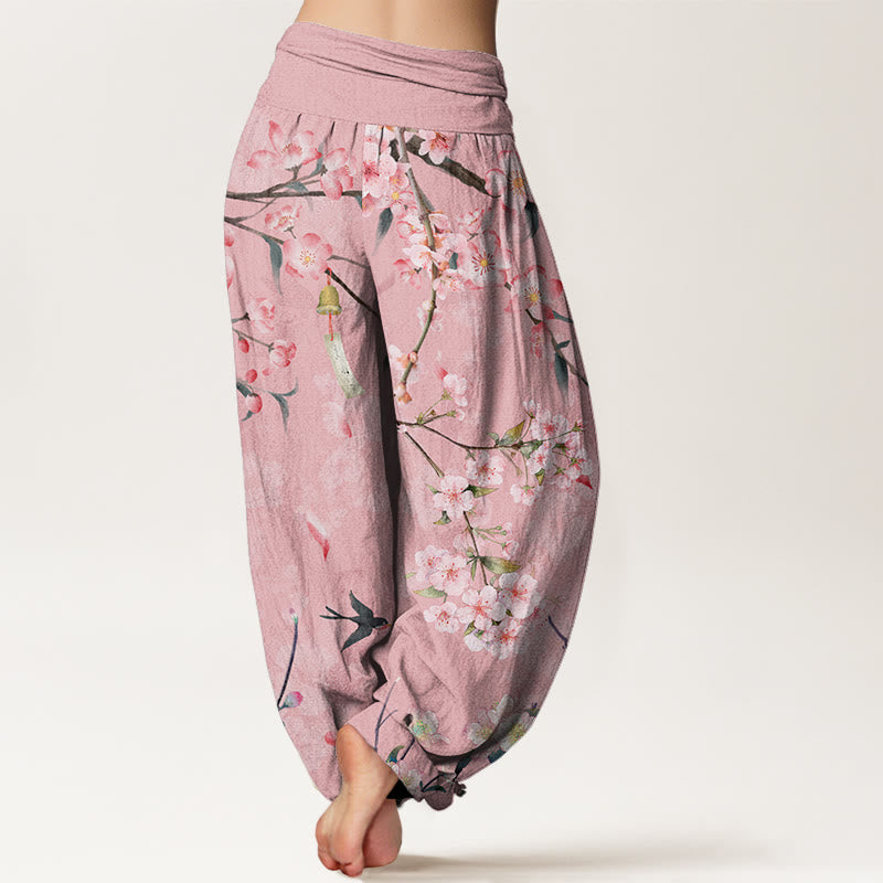 Buddha Stones Peach Blossoms Flying Geese Pattern Women's Elastic Waist Harem Pants - image 6