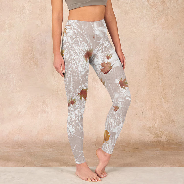 Buddha Stones Maple Leaves Branches Print Gym Leggings Women's Yoga Pants - Wheat - US18,UK/AU22,EU50 (4XL) - image 0