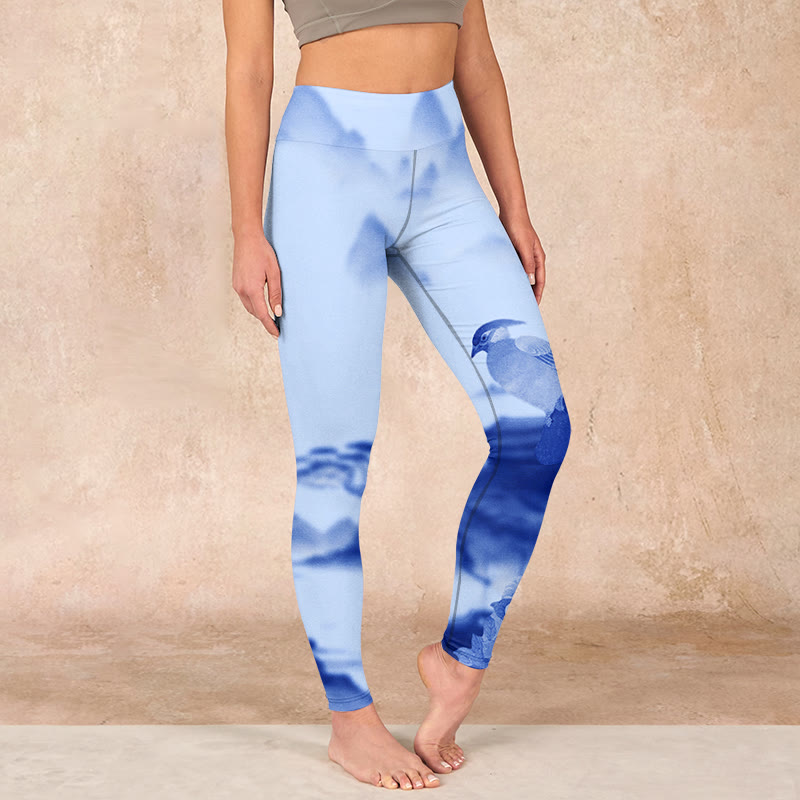 Buddha Stones Blue Bird Peony Print Sports Leggings Women's Yoga Pants - LightBlue - US18,UK/AU22,EU50 (4XL) - image 0