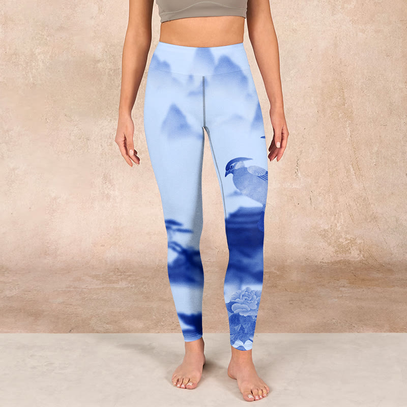 Buddha Stones Blue Bird Peony Print Sports Leggings Women's Yoga Pants - image 2