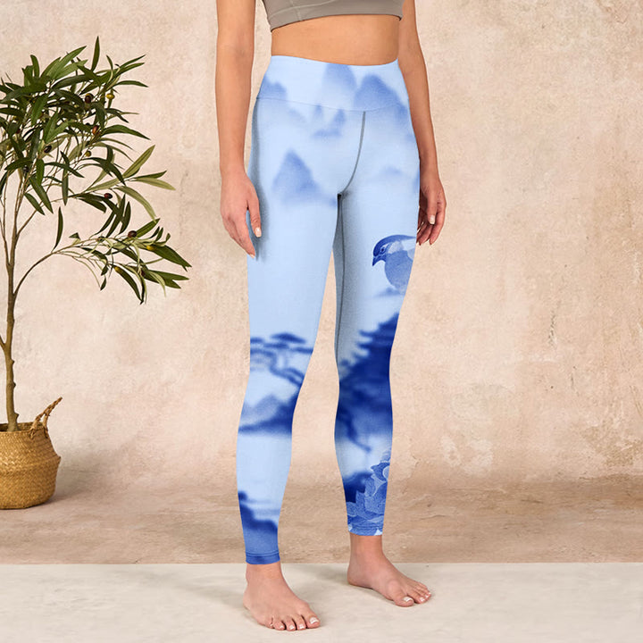 Buddha Stones Blue Bird Peony Print Sports Leggings Women's Yoga Pants - image 3