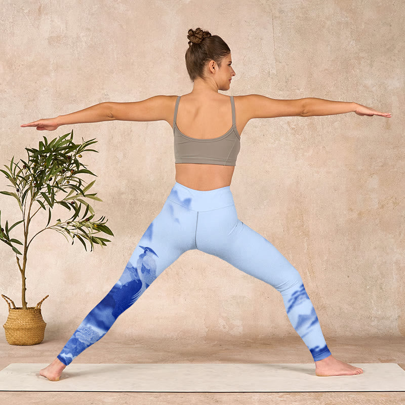 Buddha Stones Blue Bird Peony Print Sports Leggings Women's Yoga Pants - image 10