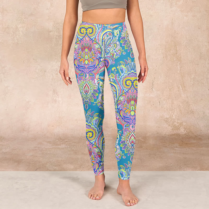 Buddha Stones Blue Pink Green Flower Print Gym Fitness Leggings Women's Yoga Pants - image 1