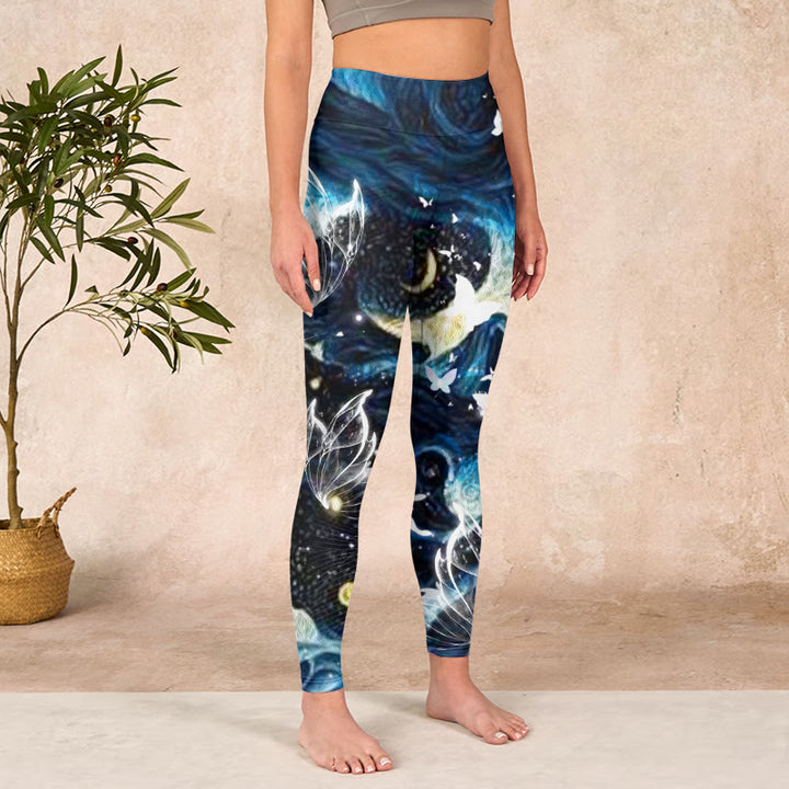 Buddha Stones Blue Butterfly Water Waves Moon Print Gym Leggings Women's Yoga Pants - image 3