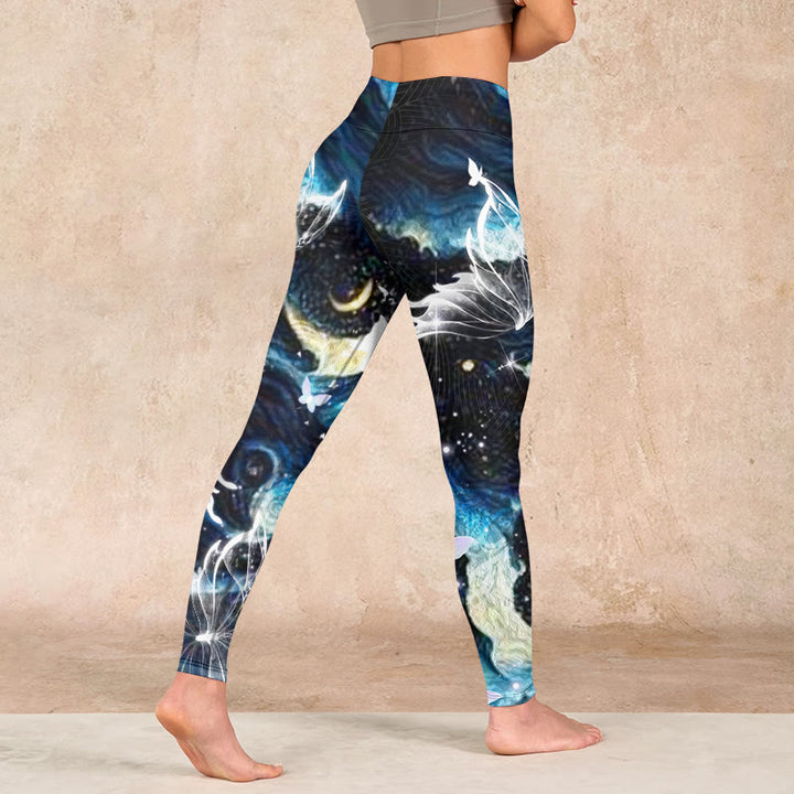 Buddha Stones Blue Butterfly Water Waves Moon Print Gym Leggings Women's Yoga Pants - image 4