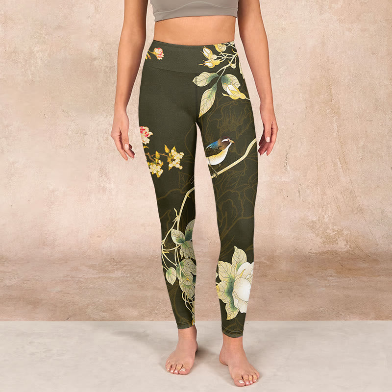 Buddha Stones Black Magnolia Flowers Print Gym Leggings Women's Yoga Pants - image 1