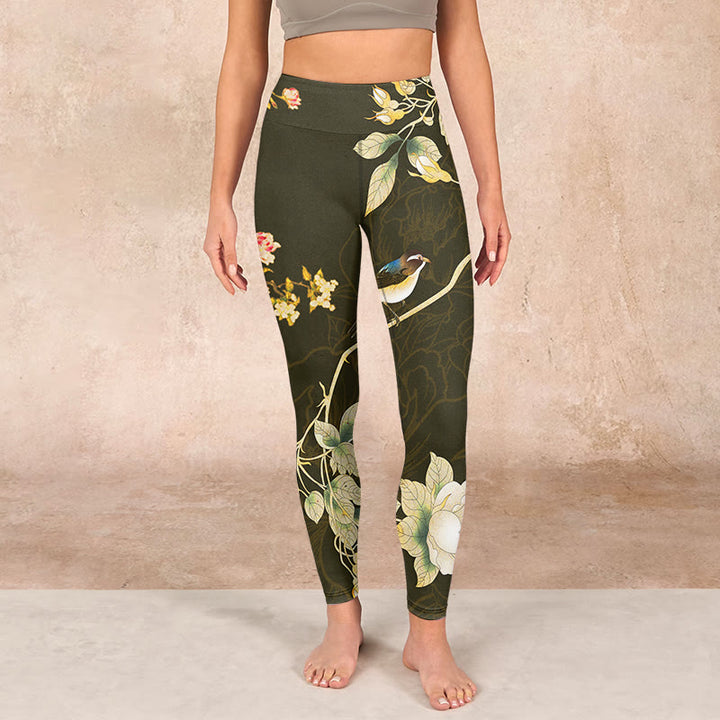 Buddha Stones Black Magnolia Flowers Print Gym Leggings Women's Yoga Pants - image 1