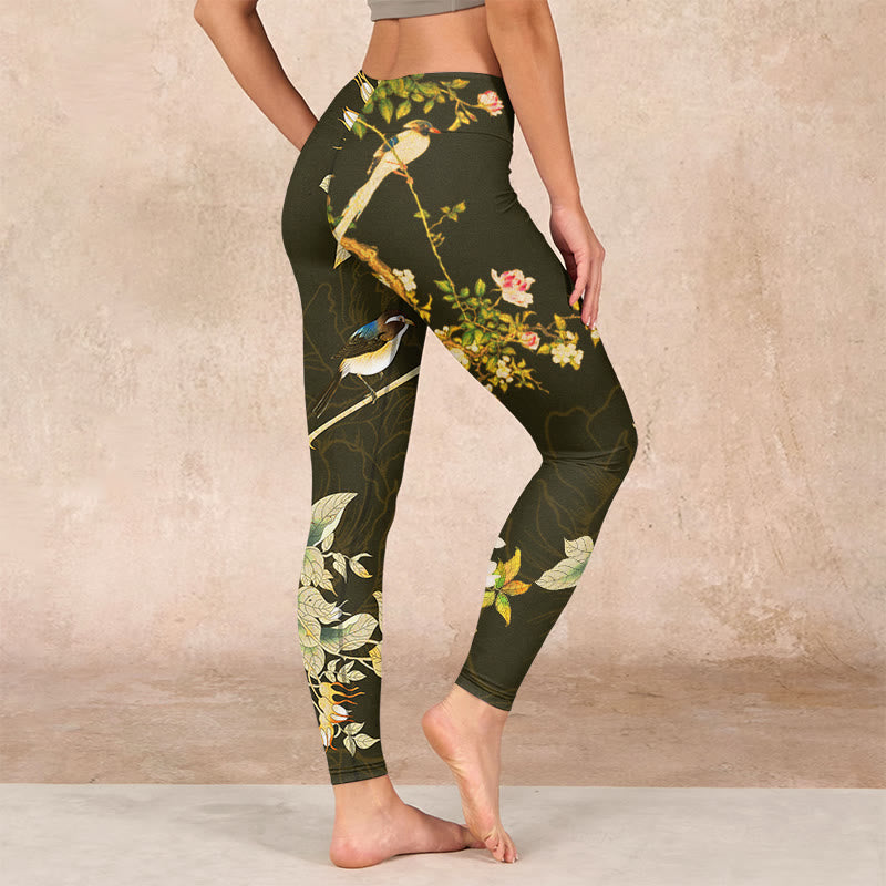 Buddha Stones Black Magnolia Flowers Print Gym Leggings Women's Yoga Pants - image 2