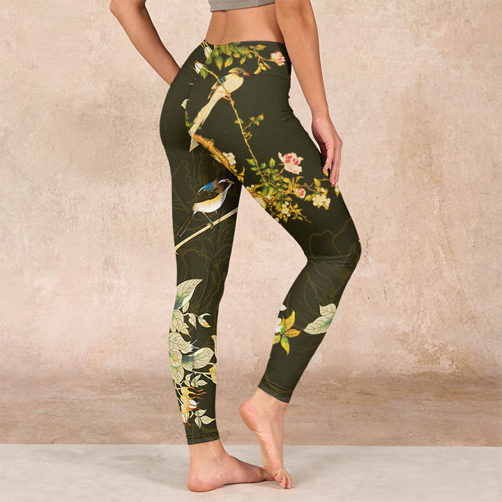 Buddha Stones Black Magnolia Flowers Print Gym Leggings Women's Yoga Pants - image 2