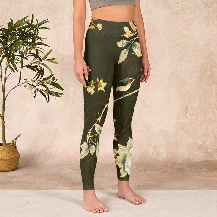 Buddha Stones Black Magnolia Flowers Print Gym Leggings Women's Yoga Pants - image 3