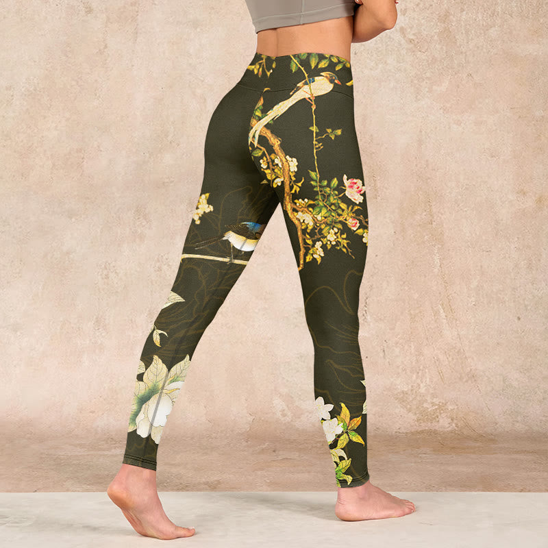 Buddha Stones Black Magnolia Flowers Print Gym Leggings Women's Yoga Pants - image 4