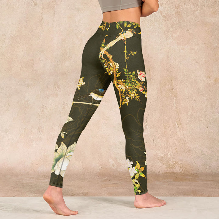 Buddha Stones Black Magnolia Flowers Print Gym Leggings Women's Yoga Pants - image 4