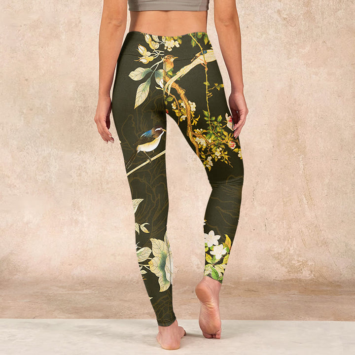 Buddha Stones Black Magnolia Flowers Print Gym Leggings Women's Yoga Pants - image 14