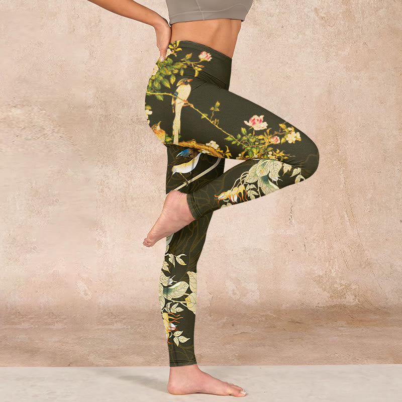 Buddha Stones Black Magnolia Flowers Print Gym Leggings Women's Yoga Pants - image 15