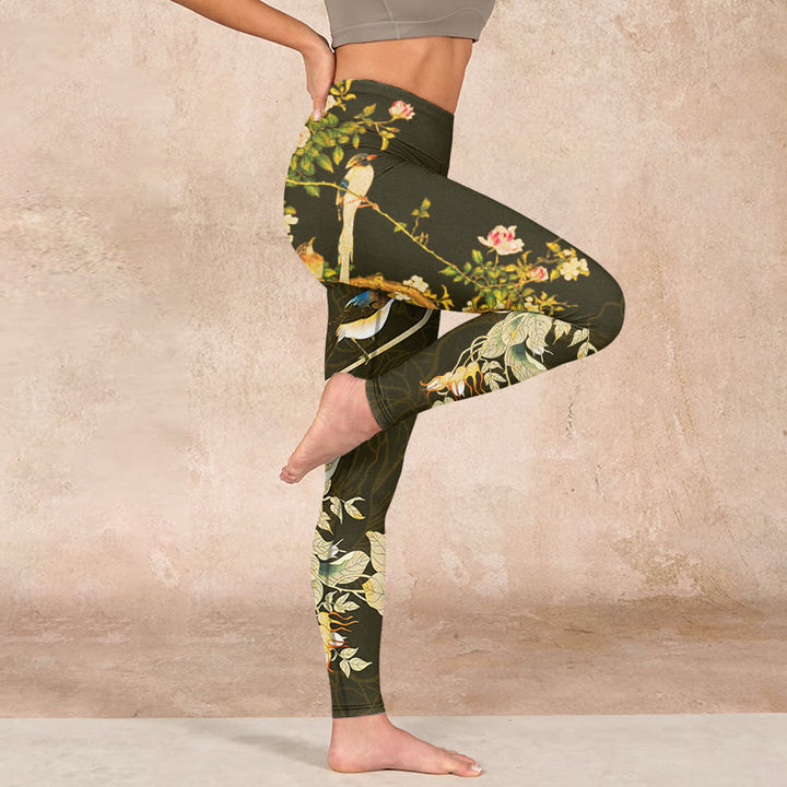 Buddha Stones Black Magnolia Flowers Print Gym Leggings Women's Yoga Pants - image 15