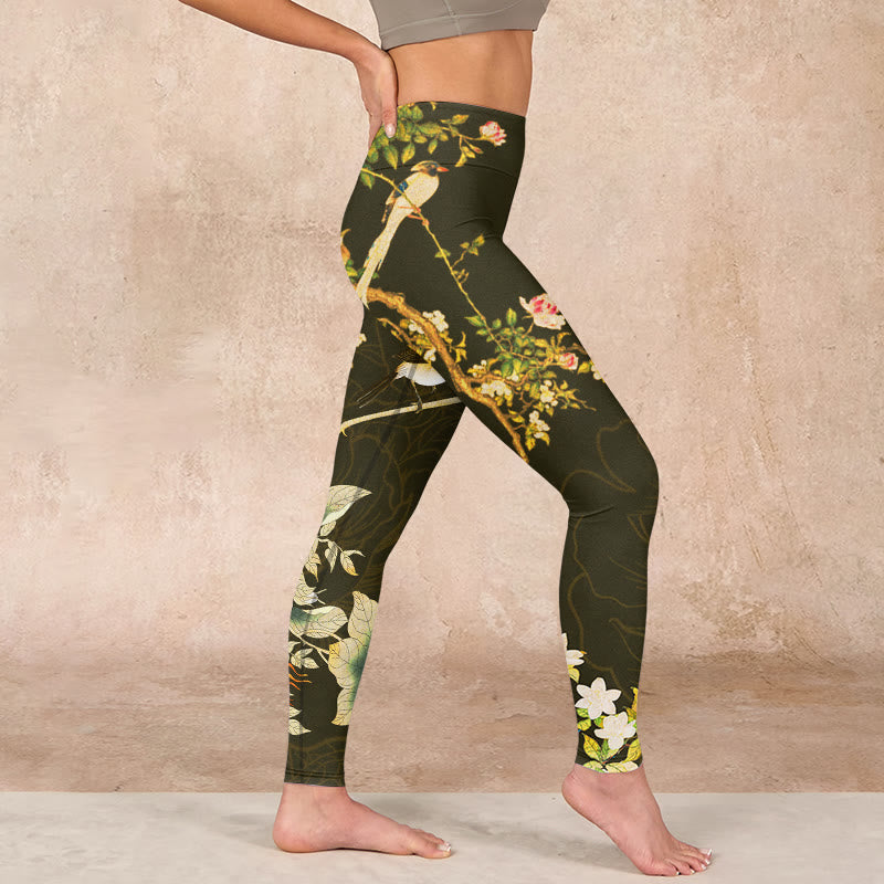 Buddha Stones Black Magnolia Flowers Print Gym Leggings Women's Yoga Pants - image 16
