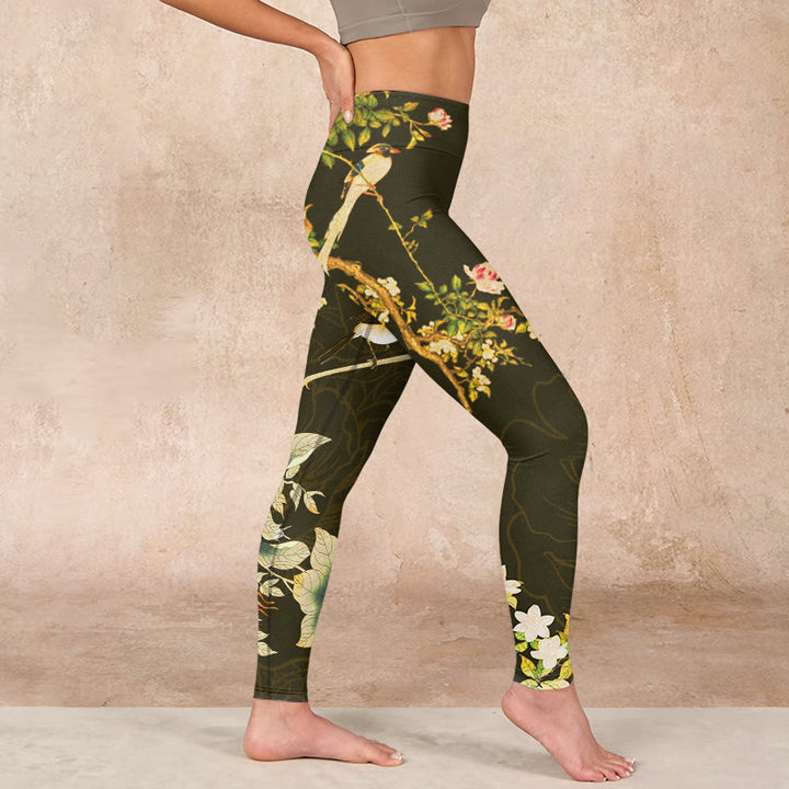 Buddha Stones Black Magnolia Flowers Print Gym Leggings Women's Yoga Pants - image 16