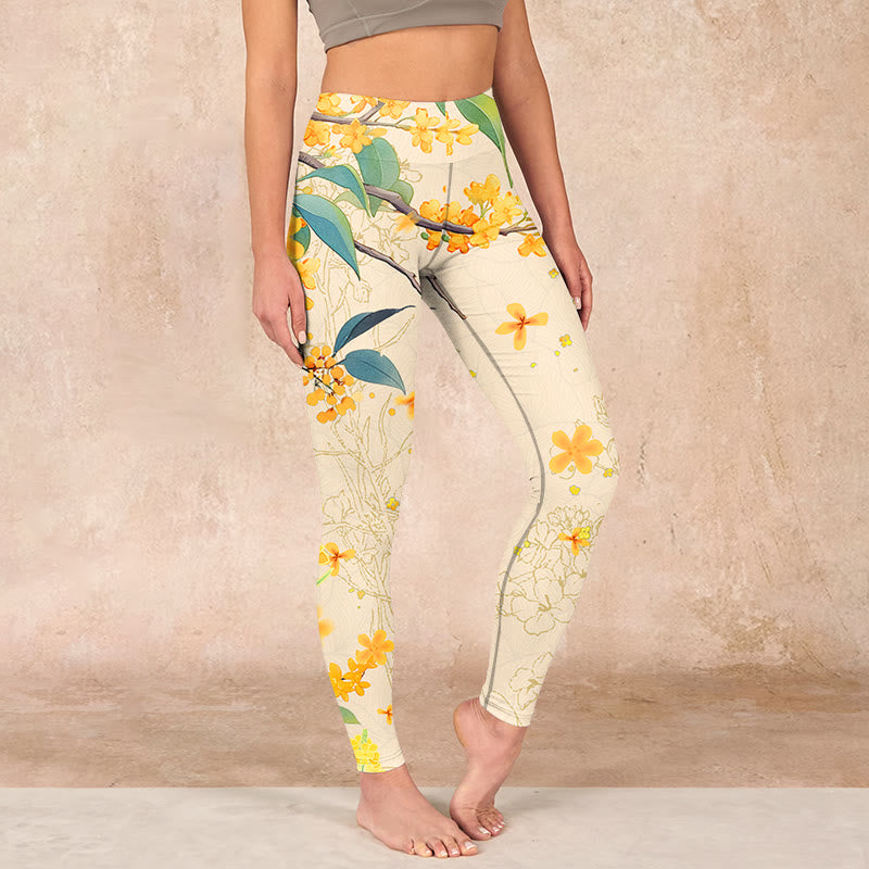 Buddha Stones Yellow Osmanthus Fragrans Rapeseed Print Gym Leggings Women's Yoga Pants - LemonChiffon - US18,UK/AU22,EU50 (4XL) - image 0