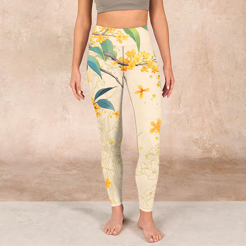 Buddha Stones Yellow Osmanthus Fragrans Rapeseed Print Gym Leggings Women's Yoga Pants - image 1