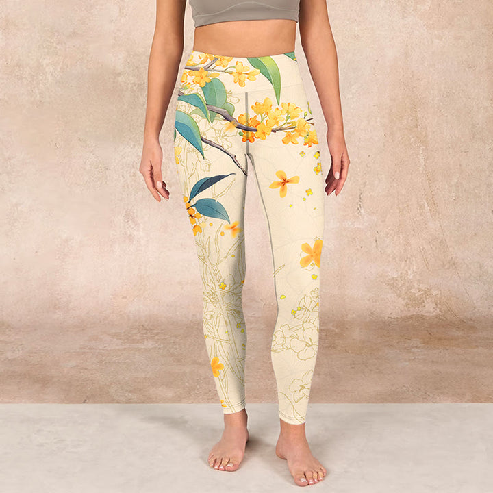 Buddha Stones Yellow Osmanthus Fragrans Rapeseed Print Gym Leggings Women's Yoga Pants - image 1