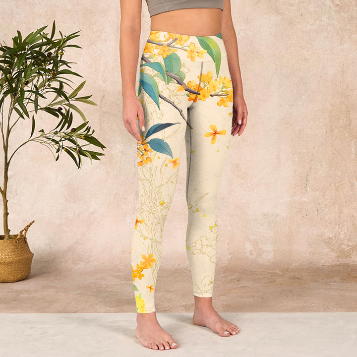 Buddha Stones Yellow Osmanthus Fragrans Rapeseed Print Gym Leggings Women's Yoga Pants - image 3