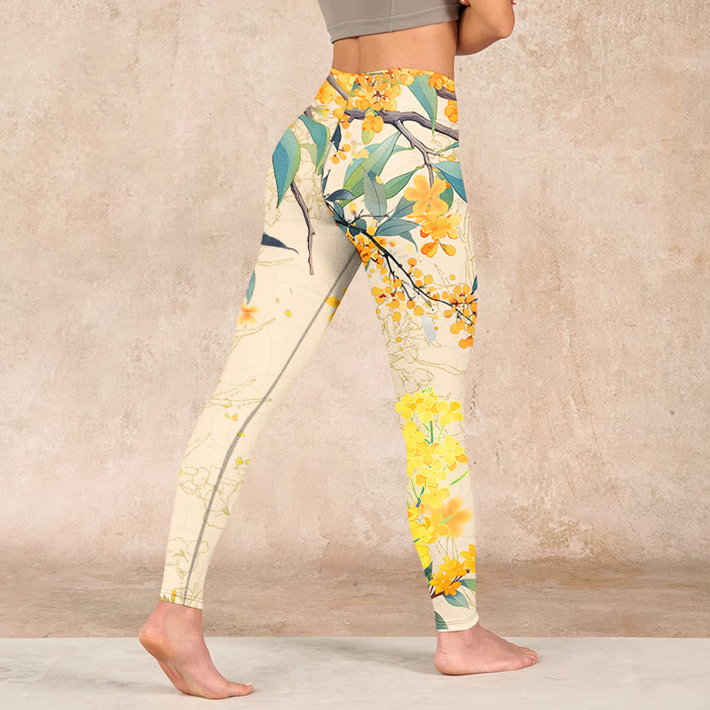 Buddha Stones Yellow Osmanthus Fragrans Rapeseed Print Gym Leggings Women's Yoga Pants - image 4