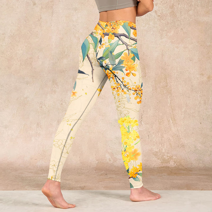 Buddha Stones Yellow Osmanthus Fragrans Rapeseed Print Gym Leggings Women's Yoga Pants - image 4