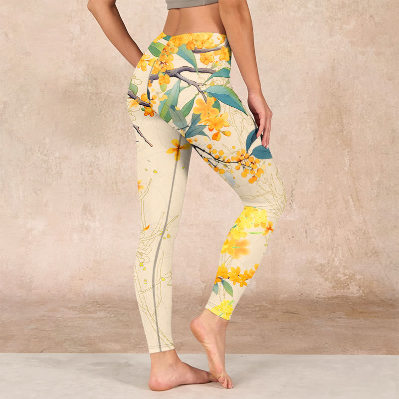 Buddha Stones Yellow Osmanthus Fragrans Rapeseed Print Gym Leggings Women's Yoga Pants - image 2