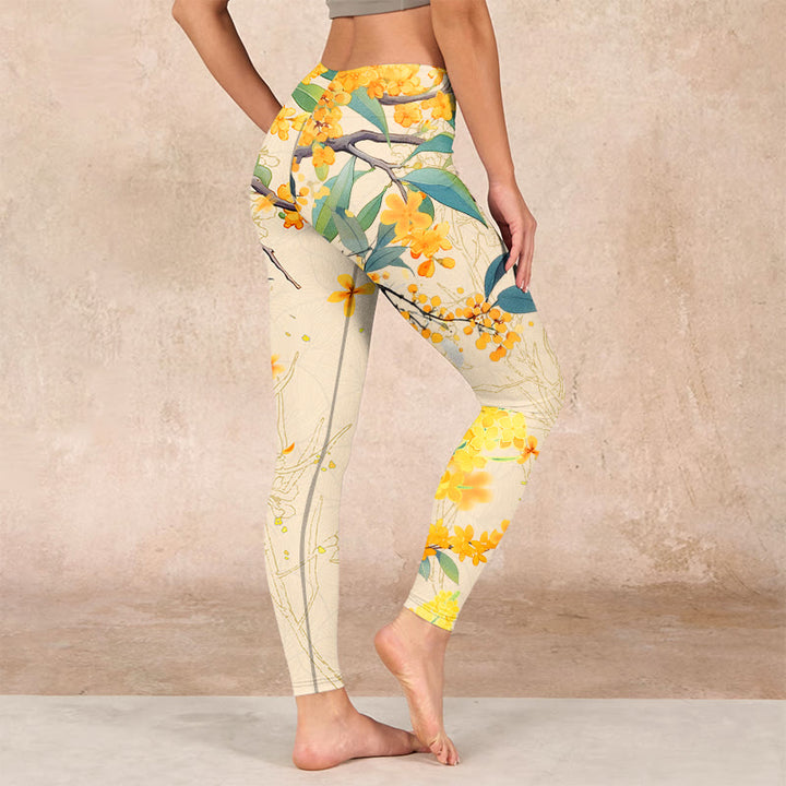 Buddha Stones Yellow Osmanthus Fragrans Rapeseed Print Gym Leggings Women's Yoga Pants - image 2