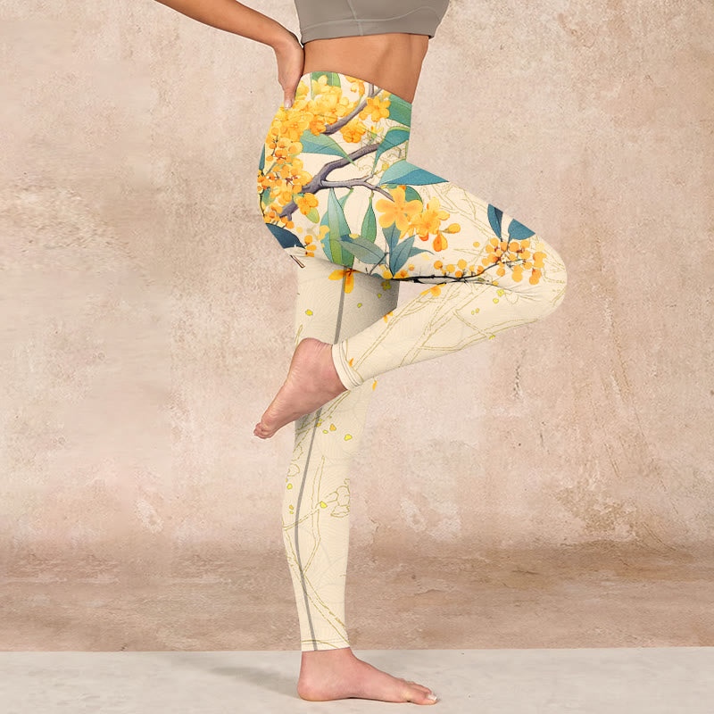 Buddha Stones Yellow Osmanthus Fragrans Rapeseed Print Gym Leggings Women's Yoga Pants - image 15