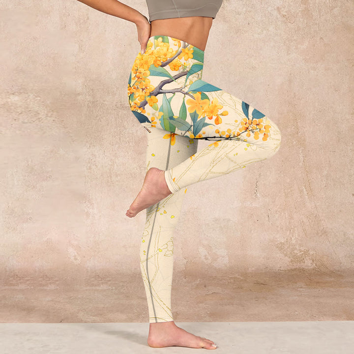 Buddha Stones Yellow Osmanthus Fragrans Rapeseed Print Gym Leggings Women's Yoga Pants - image 15