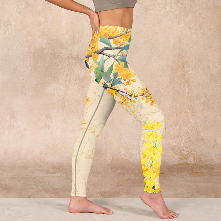 Buddha Stones Yellow Osmanthus Fragrans Rapeseed Print Gym Leggings Women's Yoga Pants - image 16