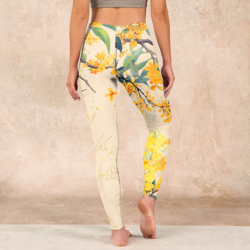 Buddha Stones Yellow Osmanthus Fragrans Rapeseed Print Gym Leggings Women's Yoga Pants - image 14