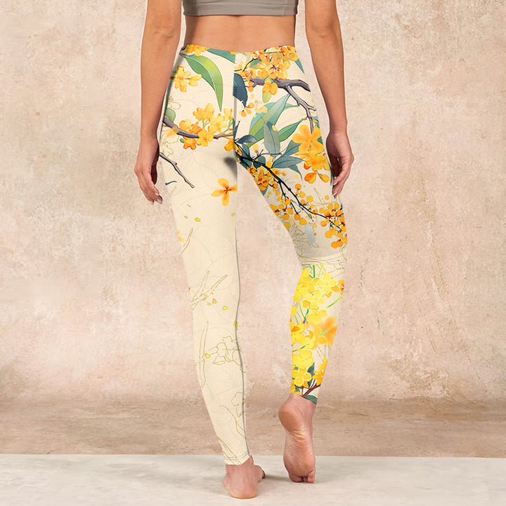 Buddha Stones Yellow Osmanthus Fragrans Rapeseed Print Gym Leggings Women's Yoga Pants - image 14