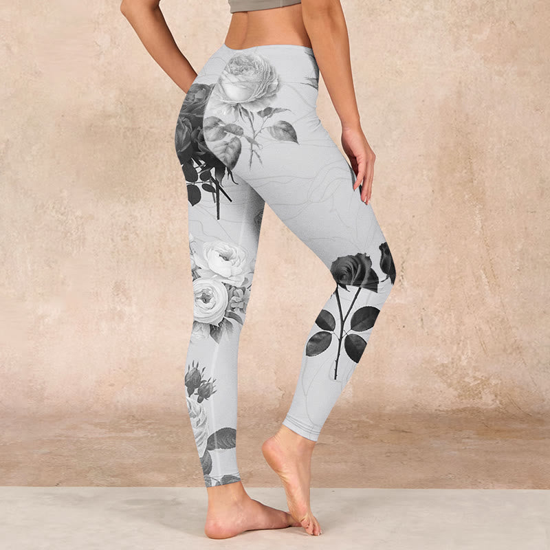 Buddha Stones Black White Rose Gym Leggings Women's Yoga Pants - image 2