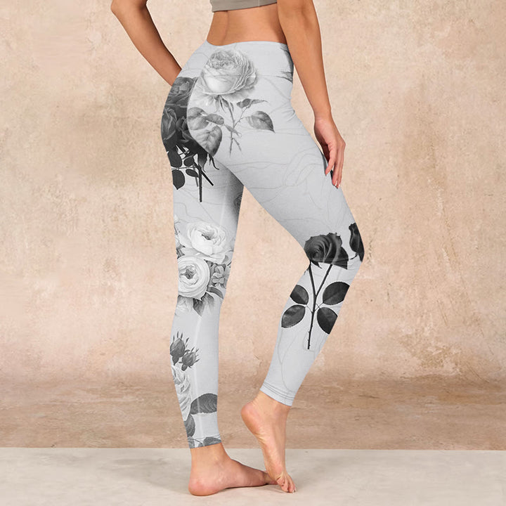 Buddha Stones Black White Rose Gym Leggings Women's Yoga Pants - image 2