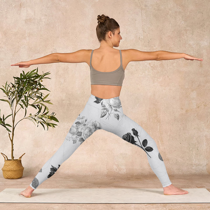Buddha Stones Black White Rose Gym Leggings Women's Yoga Pants - image 10