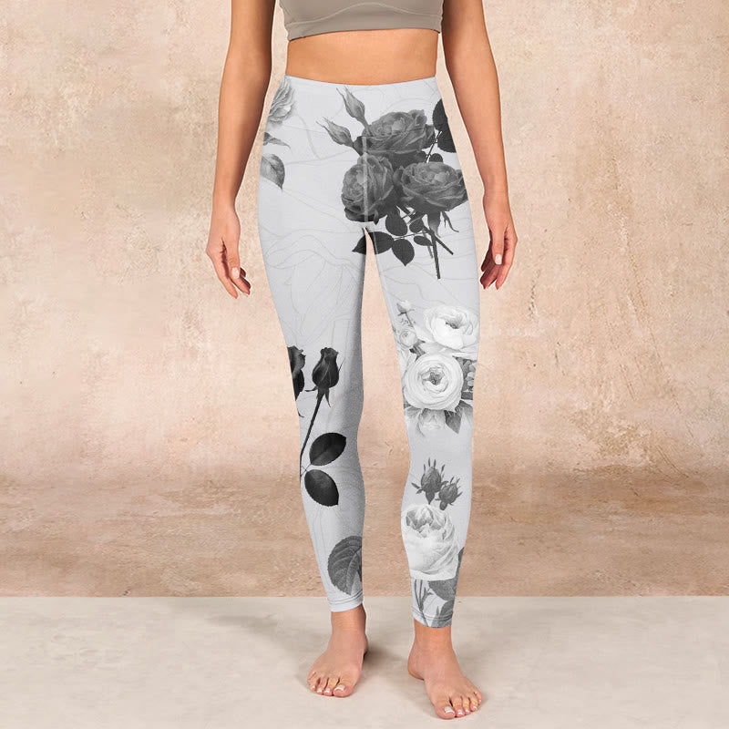 Buddha Stones Black White Rose Gym Leggings Women's Yoga Pants - image 1