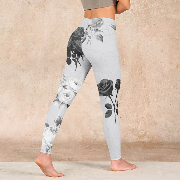 Buddha Stones Black White Rose Gym Leggings Women's Yoga Pants - image 4