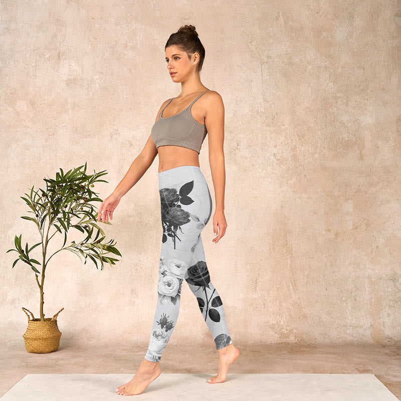 Buddha Stones Black White Rose Gym Leggings Women's Yoga Pants - image 12