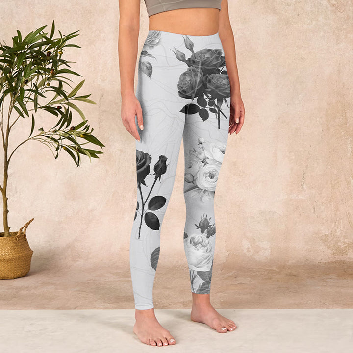 Buddha Stones Black White Rose Gym Leggings Women's Yoga Pants - image 3