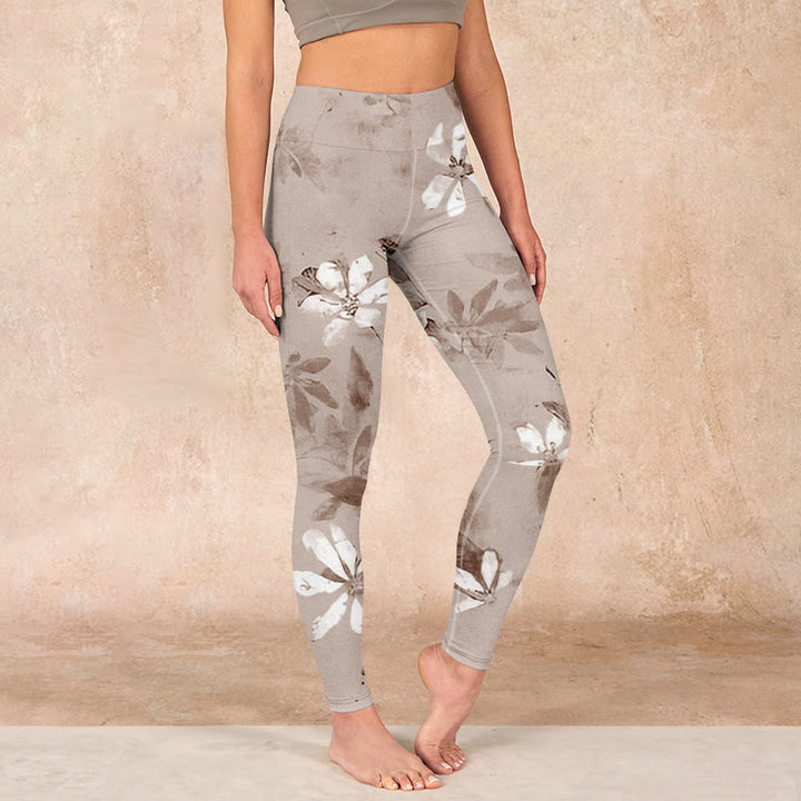 Buddha Stones White Brown Flowers Pattern Gym Leggings Women's Yoga Pants - BurlyWood - US18,UK/AU22,EU50 (4XL) - image 0